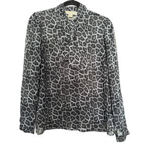 MICHAEL Michael Kors Womens Top Blouse Animal Print Bow Semi-Sheer Gray Black S